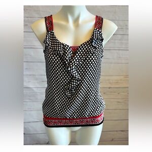 White House Black Market Size XS Black White Polka Dot Cami Tank Top Ruffle
